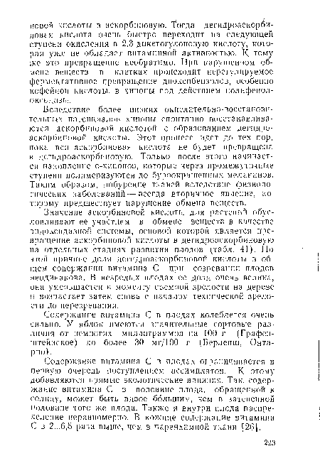 Значение аскорбиновой кислоты для растений обусловливают ее участием в обмене веществ в качестве эндоксидазной системы, основой которой является превращение аскорбиновой кислоты в дегидроаскорбиновую на отдельных стадиях развития плодов (табл. 41). По этой причине доля дегидроаскорбиновой кислоты в общем содержании витамина С при созревании плодов неодинакова. В незрелых плодах ее доля очень велика, она уменьшается к моменту съемной зрелости на дереве и возрастает затем снова с началом технической зрелости до перезревания.