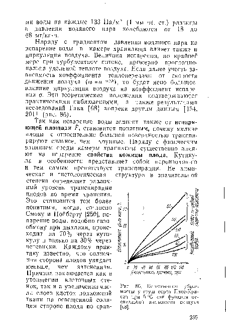 Так как испарение воды зависит также от испаряющей площади Р, становится понятным, почему мелкие плоды с относительно большей поверхностью транспи-рируют сильнее, чем крупные. Наряду с физическим влиянием среды камеры хранилища существенно влияют на испарение свойства кожицы плода. Кутикула в особенности представляет собой пароизоляцию и тем самым препятствует транспирации. Ее химическая и гистологическая структура в значительной степени определяет различный уровень транспирации плодов во время хранения.