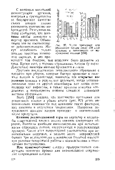 Влияние реализационной тары на характер и масштабы повреждений плодов можно оценить следующим образом. Вмятины наиболее многочисленны при использовании отдельных лотков, нагружаемых и разгружаемых вручную. Число этих повреждений уменьшается при использовании поддонов, и меньше всего повреждений бывает при использовании контейнеров большой емкости при условии осторожной работы с подъемниками и вильчатыми погрузчиками.