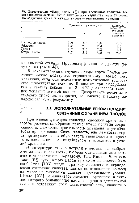 В исключительных случаях плоды сорта Голден де-лишес можно подвергать ограниченному временному хранению, если они вследствие недостаточной зрелости еще относительно зеленые. В опытах при выдерживании в течение недели при 12...14°С достигалось заметное усиление желтой окраски. Дозаривание после длительного хранения, напротив, не привело к такому же положительному результату.