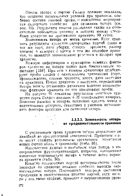 На рисунке 91 показаны результаты опытного хранения сорта Голден делишес в 32 холодильных камерах. Большая разница в потерях позволяет сделать вывод о значительных резервах, связанных с умением использовать факторы хранения для снижения потерь.