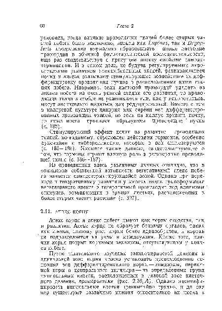 Из приведенных здесь различных данных очевидно, что в отношении собственной активности вегетативный апекс побега является самодетерминирующейся зоной. Однако при переходе к генеративному развитию у многих видов трансформация вегетативного апекса в генеративный происходит под влиянием стимулов, возникающих в зрелых листьях, расположенных в более старых частях растения (с. 327).