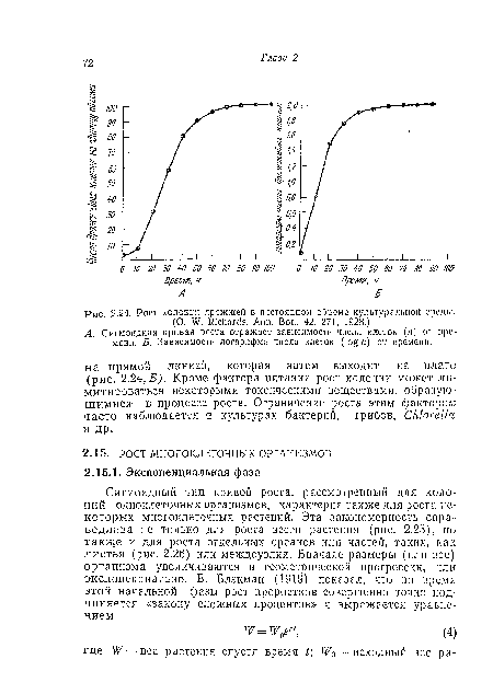 А. Сигмоидная кривая роста отражает зависимость числа клеток (//) от времени. Б. Зависимость логарифма числа клеток (log ti) от времени.