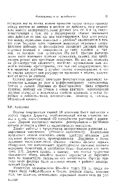 Каждая химическая категория фитогормонов оказывает характерное влияние на рост и диффереицировку растительных клеток и тканей. Первыми из фитогормоиов были открыты ауксины, поэтому мы начнем с очень краткого рассмотрения истории открытия и химических свойств ауксинов, а затем перейдем к гиббереллииам, цитокииинам, этилену и, наконец, абсцизовой кислоте.