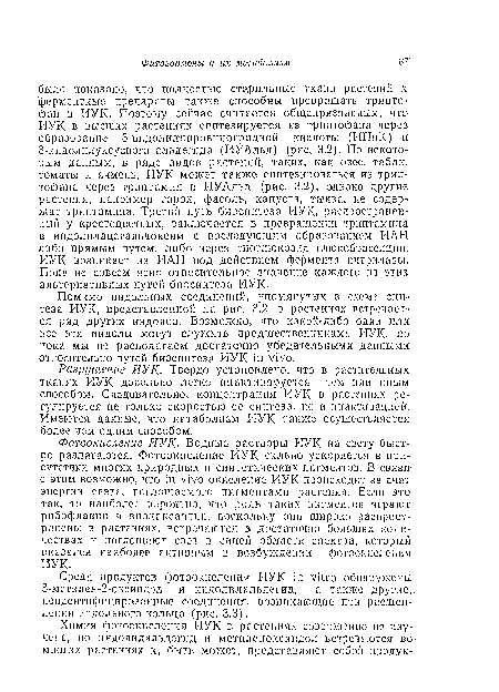 Разрушение ИУК. Твердо установлено, что в растительных тканях ИУК довольно легко инактивируется тем или иным способом. Следовательно, концентрация ИУК в растениях регулируется не только скоростью ее синтеза, но и инактивацией. Имеются данные, что катаболизм ИУК также осуществляется более чем одним способом.