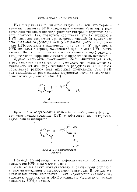 Кроме того, неоднократно появлялись сообщения о ферментативном конъюгировании ИУК с образованием, например, индолилацетиласпартата.