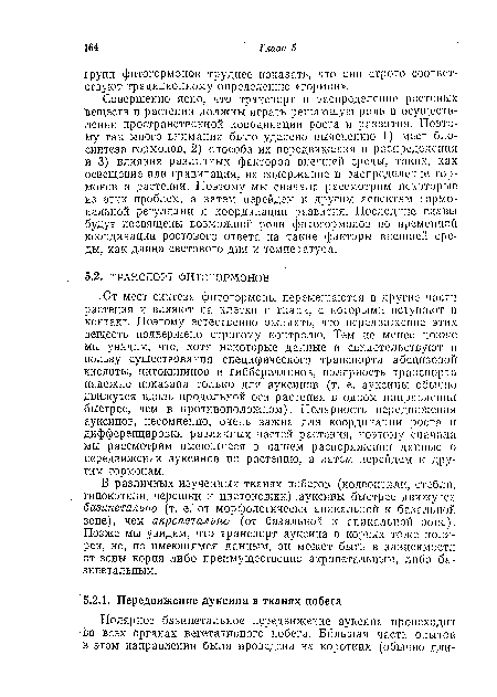 Совершенно ясно, что транспорт и распределение ростовых Веществ в растении должны играть решающую роль в осуществлении пространственной координации роста и развития. Поэтому так много внимания было уделено выяснению 1) мест биосинтеза гормонов, 2) способа их передвижения и распределения и 3) влияния различных факторов внешней среды, таких, как освещение или гравитация, на содержание и распределение гормонов в растении. Поэтому мы сначала рассмотрим некоторые, из этих проблем, а затем перейдем к другим аспектам гормональной регуляции и координации развития. Последние главы будут посвящены возможной роли фитогормонов во временной координации ростового ответа на такие факторы внешней среды, как длина светового дня и температура.