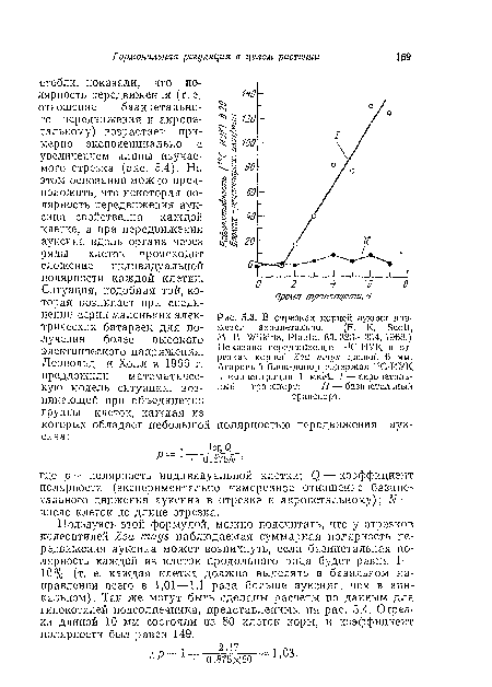 Пользуясь этой формулой, можно подсчитать, что у отрезков колеоптилей Zea mays наблюдаемая суммарная полярность передвижения ауксина может возникнуть, если базипетальная полярность каждой из клеток продольного ряда будет равна 1-— 10% (т. е. каждая клетка должна выделять в базальном направлении всего в 1,01—1,1 раза больше ауксина, чем в апикальном). Так же могут быть сделаны расчеты по данным для гипокотилей подсолнечника, представленным на рис. 5.4. Отрез« ки длиной 10 мм состояли из 80 клеток коры, и коэффициент полярности был равен 149.