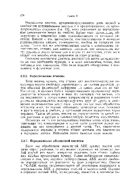 Несмотря на то что передвижение этилена очень ограничено, изменение его концентрации в одной части растения может повлиять на его содержание в другой части. Так, увеличение содержания этилена в корнях может вызвать его накопление в верхушке побега. Механизм этого явления пока неясен.