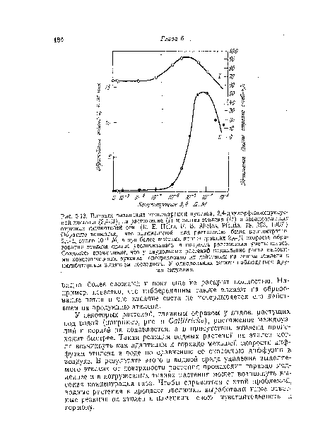 М, а при более высоких концентрациях 2,4-Д скорость образования этилена сильно увеличивалась, а скорость растяжения уменьшалась. Создается впечатление, что у двудольных растений подавление роста высокими концентрациями ауксина опосредовано, их действием на синтез этилена и ингибиторным влиянием последнего. У однодольных может наблюдаться другая ситуация.