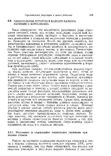 Про растения говорят, что они подвергаются водному стрессу, иными словами, испытывают недостаток в воде, когда их клетки и ткани начинают утрачивать тургор. Недостаток воды в растениях возникает в том случае, если скорость транспирации превышает скорость поступления воды из корней, а это часто бывает и при отсутствии явных признаков завядапня побега. Однако различные части побега теряют воду в атмосферу с различной скоростью и поэтому в разной степени страдают от недостатка воды. Среди факторов, определяющих различную скорость потери воды разиыми органами, безусловно, можно назвать различия в отношении поверхности к объему, толщину кутикулы и наличие или отсутствие устьиц. Кроме того, молодые, растущие листья и плоды с большим успехом конкурируют за доступную воду, чем более старые листья и плоды. Поэтому обычно у зрелых листьев любого растения раньше всего обнаруживаются симптомы недостатка воды и, кроме того, вследствие этого наступает преждевременное старение листьев. Теперь известно, что снижение клеточного тургора вызывает изменения в общем гормональном балансе растения, а это приводит к закрыванию устьиц, снижению сопротивления корней передвижению воды и к старению листьев.