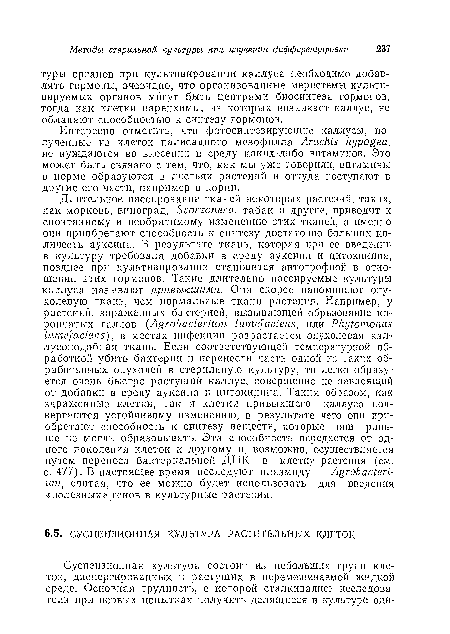 Интересно отметить, что фотосинтезирующие каллусы, полученные из клеток палисадного мезофилла ЛгасЫБ Ьуроцеа, не нуждаются во внесении в среду каких-либо витаминов. Это может быть связано с тем, что, как мы уже говорили, витамины в норме образуются в листьях растений и оттуда поступают в другие его части, например в корни.