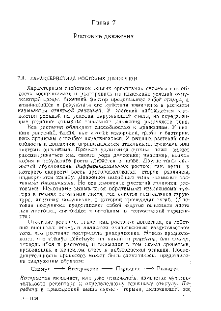 Характерным свойством живых организмов является способность воспринимать и реагировать па изменение условий окружающей среды. Внешний фактор представляет собой стимул, а возникающее в результате его действия изменение в растении называется ответной реакцией. У растений наблюдается множество реакций на условия окружающей среды, но определенные внешние стимулы вызывают движения различного типа.