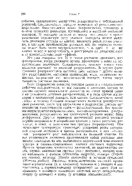 Мы уже говорили (гл. 3) о таком ростовом движении, как фототропизм, когда движение органа происходит в ответ на одностороннее освещение. Следовательно, тропизм такого типа является реакцией на внешний раздражитель. В случае фототропизма раздражителем является свет, однако и другие внешние раздражители, например гравитация, вода, химические вещества, нагревание или механический контакт, также могут вызывать ростовые движения.