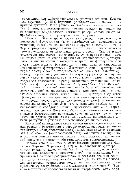 Обычно стебли и другие надземные органы проявляют положительный фототропизм (т. е. изгибаются по направлению к источнику света), тогда как корни и другие подземные органы характеризуются отрицательным фототропизмом (изгибаются в противоположную от источника света сторону). Тем не менее существует множество исключений из этого правила; например, некоторые усики и стебли проявляют отрицательный фототропизм, а многие корни в молодом возрасте не фототропны пли даже положительно фототропны и лишь позднее становятся отрицательно фототропными. Несомненно одно — фототропизм играет важную роль в детерминации направления развития органа в естественных условиях. Фототропные реакции по определению могут происходить только в тех частях растения, которые сохранили способность к росту, особенно к удлинению. Следовательно, фототропизм наблюдается у молодых растущих стеблей, листьев и корней высших растений, у спораигиеиосцев некоторых грибов, спорофоров мхов и хлоронем папоротников.. Однако основная масса исследований по фототропизму была проведена на этиолированных колеоптилях проростков злаков (в основном овса, пшеницы, кукурузы и ячменя), а также на спорангиеносцах грибов. Эти органы наиболее удобны для исследования и обладают высокой чувствительностью к направленному освещению. Хотя эти работы дали много ценной информации о фототропизме, полученные данные нельзя прямо перенести на другие органы, такие, как зеленые облиственные побеги, растущие в условиях естественного дневного света.