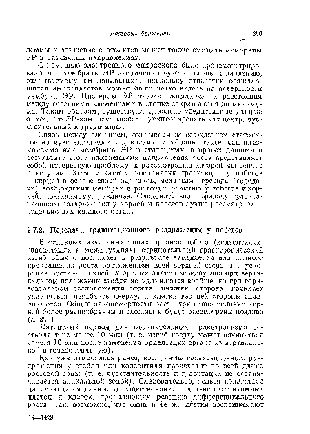 Латентный период для отрицательного гравитропизма составляет не менее 10 мни (т. е. изгиб кверху может начинаться спустя 10 мин после изменения ориентации органа из вертикальной в горизонтальную).