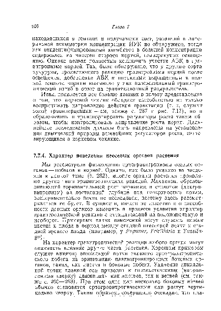 Итак, появляется все больше данных в пользу представления о том, что корневой чехлик обладает способностью не только воспринимать направление действия гравитации (т. е. служит зоной гравиперцепции — см. также с. 287 и рис. 7.17), но и образовывать и транспортировать регуляторы роста таким образом, чтобы контролировать направление роста корня. Дальнейшие исследования должны быть направлены на установление химической природы важнейших регуляторов роста, синтезирующихся в корневом чехлике.