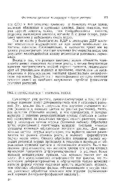 Тем не менее у большинства КДР и некоторых ДДР цветение невозможно индуцировать пи при какой комбинации известных гормонов. Следовательно, в настоящее время мы не можем рассматривать реакцию цветения большинства видов как результат взаимодействия между известными ростовыми гормонами.