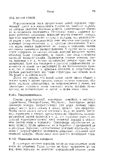 Морфологически семя представляет собой зародыш, окруженный одним или несколькими покровами, наиболее важным из которых является семенная кожура, развивающаяся обычно из интегумеитов семязачатка. Некоторые семена содержат хорошо развитый эндосперм, лежащий внутри семенной кожуры, при этом эндосперм может окружать зародыш или располагаться рядом с ним. Функционально семя является «зачатком» или единицей распространения, т. е. органом размножения. У многих видов семена выделяются из плодов и отдельные семена становятся единицами распространения. У других видов плоды могут содержать по одному семени, которые находятся внутри оболочки плода (шерикарпа), и, опадая, сам плод становится единицей распространения. Примерами служат семянки, орехи, зерновки и т. д., точные определения которых здесь нас не интересуют. Хотя эти последние структуры морфологически отличаются от семян, они выполняют ту же биологическую функцию, что и семена, т. е. функцию зачатков, и, следовательно, удобнее рассматривать все такие структуры, как семена, хотя это будет и не совсем верно.