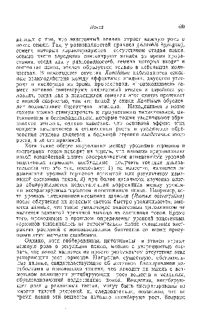 Хотя такие общие корреляции между уровнями гормонов и состоянием покоя наводят на мысль, что влияние прерывающих покой воздействий может опосредоваться изменениями уровней эндогенных гормонов, необходимо получить твердые доказательства что э так, поскольку: 1) не известно, являются ли изменения уровней гормонов причиной или результатом изменений состояния покоя, 2) при более детальном изучении иногда обнаруживается недостаточная корреляция между уровнями экстрагируемых гормонов и состоянием покоя. Например, хотя уровень цитокининов в семенах щавеля (Яитех оЫизЦоНиз) после облучения их красным светом быстро увеличивается, имеются данные, что такое увеличение эндогенных цитокининов не является основной причиной выхода из состояния покоя. Кроме того, проводимые в прошлом определения уровней эндогенных гормонов выполнялись на относительно плохо очищенных экстрактах растений с использованием биотестов со всеми присущими этим методам ошибками.