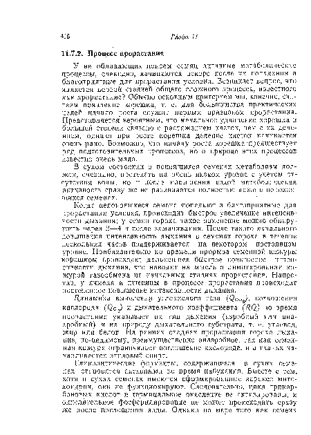 Когда непокоящиеся семена попадают в благоприятные для прорастания условия, происходит быстрое увеличение интенсивности дыхания; у семян гороха такое изменение можно обнаружить через 2—4 ч после замачивания. После такого начального повышения интенсивность дыхания в семенах гороха в течение нескольких часов поддерживается на некотором постоянном уровне. Приблизительно ко времени прорыва семейной кожуры корешком происходит дальнейшее быстрое повышение интенсивности дыхания, что наводит на мысль о лимитировании кожурой газообмена на начальных стадиях прорастания. Напротив, у ячменя и пшеницы в процессе прорастания происходит постепенное повышение интенсивности дыхания.