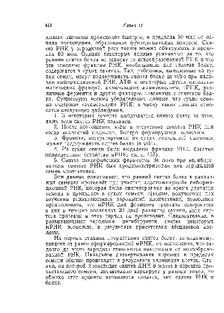 Эти данные показывают, что ранний синтез белка в различных семенах протекает при участии «долгоживущей» информационной РНК, которая была синтезирована во время развития семени и хранилась в сухом семени. Данные, полученные при изучении развивающихся зародышей хлопчатника, позволяют предположить, что мРНК для фермента протеазы содержится в них в течение последних 20 дней развития семени, хотя синтеза протеазы в этот период не происходит. Следовательно, в развивающемся зародыше ингибируется синтез некоторых мРНК, возможно, в результате присутствия абсцизовой кислоты.