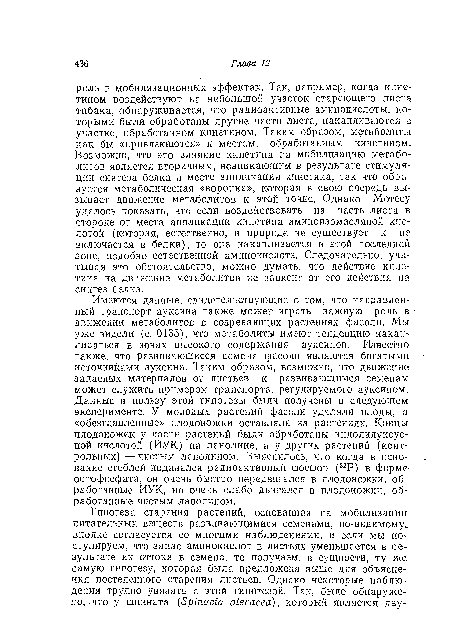 Имеются данные, свидетельствующие о том, что направленный транспорт ауксина также может играть важную роль в движении метаболитов в созревающих растениях фасоли. Мы уже видели (с. 0135), что метаболиты имеют тенденцию накапливаться в зонах высокого содержания ауксинов. Известно также, что развивающиеся семена фасоли являются богатыми источниками ауксина. Таким образом, возможно, что движение запасных материалов от листьев к развивающимся семенам может служить примером транспорта, регулируемого ауксином. Данные в пользу этой гипотезы были получены в следующем эксперименте. У молодых растений фасоли удаляли плоды, а «обезглавленные» плодоножки оставляли на растениях. Концы плодоножек у части растений были обработаны индолилуксус-ной кислотой (ИУК) на ланолине, а у других растений (контрольных) — чистым ланолином. Выяснилось, что когда в основание стеблей подавался радиоактивный фосфор (32Р) в форме ортофосфата, он очень быстро передвигался в плодоножки, обработанные ИУК, но очень слабо двигался в плодоножки, обработанные чистым ланолином.