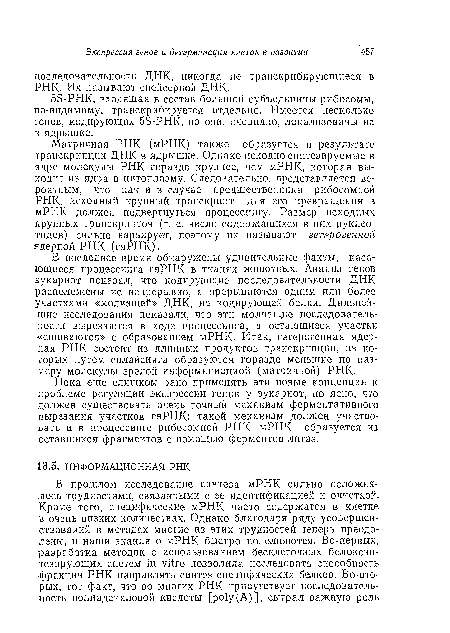 Матричная РНК (мРНК) также образуется в результате транскрипции ДНК в ядрышке. Однако исходно синтезируемые в ядре молекулы РНК гораздо крупнее, чем мРНК, которая выходит из ядра в цитоплазму. Следовательно, представляется вероятным, что как и в случае предшественника рибосомной РНК, исходный крупный транскрипт для его превращения в мРНК должен подвергнуться процессингу. Размер исходных крупных транскриптов (т. е. число содержащихся в них нуклеотидов) сильно варьирует, поэтому их называют гетерогенной ядер ной РНК (гяРНК).