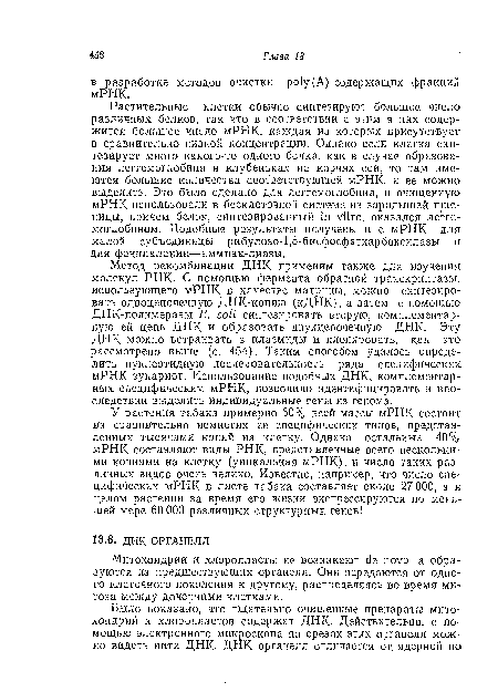 Метод рекомбинации ДНК применим также для изучения молекул РНК. С помощью фермента обратной транскриптазы, использующего мРНК в качестве матрицы, можно синтезировать одноцепочечную ДНК-копию (кДНК), а затем с помощью ДНК-полимеразы Е. coli синтезировать вторую, комплементарную ей цепь ДНК и образовать двухцепочечную ДНК. Эту ДНК можно встраивать в плазмиды и клонировать, как это рассмотрено выше (с. 454). Таким способом удалось определить нуклеотидную последовательность ряда специфических мРНК эукариот. Использование подобных ДИК, комплементарных специфическим мРНК, позволило идентифицировать и впоследствии выделить индивидуальные гены из генома.