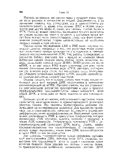 Согласно одной из гипотез, избирательность экспрессии генов достигается «маскированием» и «демаскированием» различных участков генома. Эта гипотеза подтверждается данными, полученными на изолированном хроматине. Для выделения хроматина ткань гемогеиизируют, гомогенат фильтруют и подвергают дифференциальному центрифугированию. -Выделенный хроматин может синтезировать РНК в присутствии трифосфатов четырех нуклеозидов РНК (гуанина, аденина, цитозина и урацила), а также РНК-полимеразы. Гибридизируя полученную РНК с де-протеинизироваииой протеазами ДНК, можно узнать, каким последовательностям она комплементарна. С помощью этого-метода можно определить, какая доля ДНК транскрибируется и какая РНК на ней синтезируется.