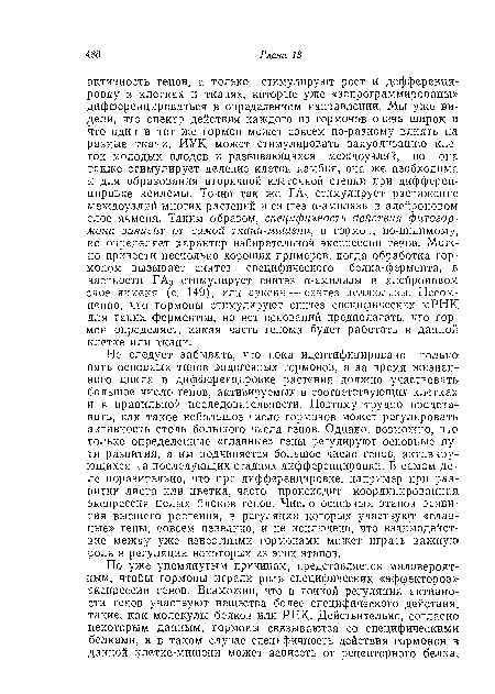 Не следует забывать, что пока идентифицировано только пять основных типов эндогенных гормонов, а за время жизненного цикла в дифференцировке растения должно участвовать большое число генов, активируемых в соответствующих клетках и в правильной последовательности. Поэтому трудно представить, как такое небольшое число гормонов может регулировать активность столь большого числа генов. Однако, возможно, что только определенные «главные» гены регулируют основные пути развития, а им подчиняется большое число генов, активирующихся на последующих стадиях дифференцировки. В самом деле поразительно, что при дифференцировке, например при развитии листа или цветка, часто происходит координированная экспрессия целых блоков генов. Число основных этапов развития высшего растения, в регуляции которых участвуют «главные» гены, совсем невелико, и не исключено, что взаимодействие между уже известными гормонами может играть важную роль в регуляции некоторых из этих этапов.