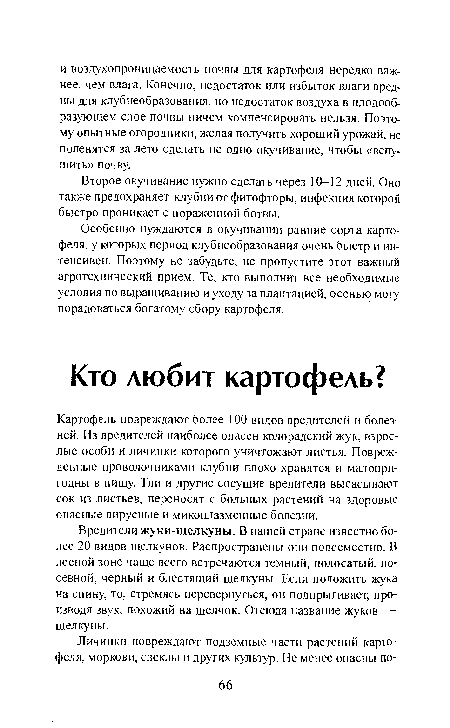 Картофель повреждают более 100 видов вредителей и болезней. Из вредителей наиболее опасен колорадский жук, взрослые особи и личинки которого уничтожают листья. Поврежденные проволочниками клубни плохо хранятся и малопригодны в пищу. Тли и другие сосущие вредители высасывают сок из листьев, переносят с больных растений на здоровые опасные вирусные и микоплазменные болезни.