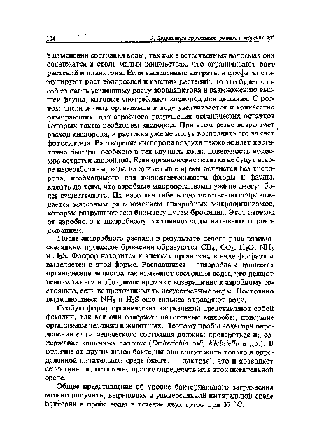 Особую форму Органических загрязнений представляют собой фекалии, так как они содержат патогенные микробы, присущие организмам человека и животных. Поэтому пробы воды при определении ее гигиенического состояния должны проверяться на содержание кишечных палочек Escherichia coli, Klebsiella и др.). В отличие от других видов бактерий они могут жить только в определенной питательной среде (желчь — лактоза), что и позволяет селективно и достаточно просто определять их в этой питательной среде.