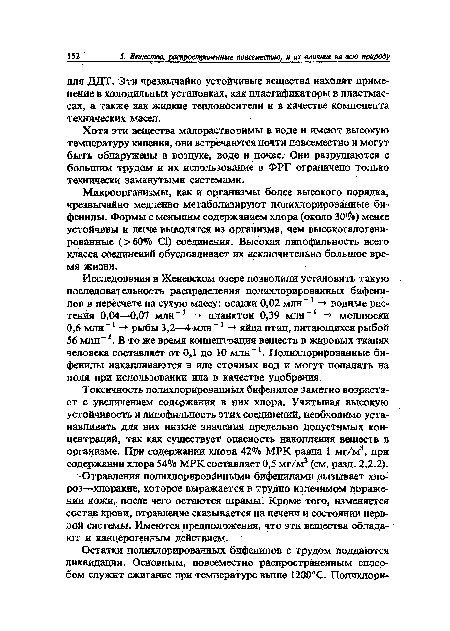 Исследования в Женевском озере позволили установить такую последовательность распределения полихлорированных бифенилов в пересчете на сухую массу: осадки 0,02 млн -1 -+ водные растения 0,04—0,07 млн-1 - ■ планктон 0,39 млн-1 -» моллюски 0,6 млн "1 -+ рыбы 3,2—4 млн 1 - яйца птиц, питающихся рыбой 56 млн" В то же время концентрация веществ в жировых тканях человека составляет от 0,1 до 10 млн“х. Полихлорированные бифенилы накапливаются в иле сточных вод и могут попадать на поля при использовании ила в качестве удобрения.