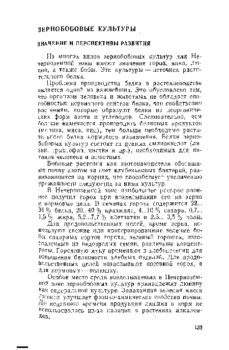 Для продовольственных целей, кроме зерна, используют свежие или консервированные зеленые бобы сахарных сортов гороха, зеленый горошек, изготовленный из недозрелых семян, различные концентраты. Гороховую муку применяют в хлебопечении для повышения белковости хлебных изделий. Для продовольственных целей возделывают посевной горох, а Для кормовых —пелюшку.