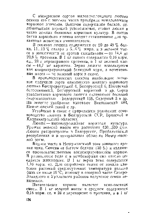 В производственных посевах наибольшее значение получили сорта однолетнего желтого кормового люпина Быстрорастущий 4, Белорусский 6, Носовский белосемянный, Белорусский кормовой и др. Сорта узколистного кормового люпина отличаются большей скороспелостью — Белорусский 155, Северный 3 и др. На зеленое удобрение высевают Беняконский 484, Немчиновский синий и др.