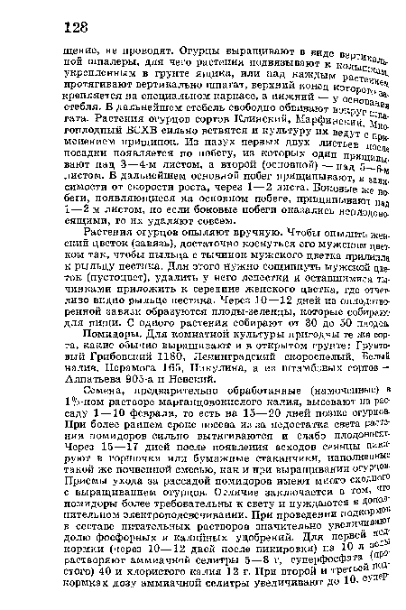 Растения огурцов опыляют вручную. Чтобы опылить женский цветок (завязь), достаточно коснуться его мужским цветком так, чтобы пыльца с тычинок мужского цветка прилипла к рыльцу пестика. Для этого нужно сощипнуть мужской цветок (пустоцвет), удалить у него лепестки и оставшимися тычинками приложить к середине женского цветка, где отчетливо видно рыльце пестика. Через 10—12 дней из оплодотворенной завязи образуются плоды-зеленцы, которые собирают для пищи. С одного растения собирают от 30 до 50 плодов.