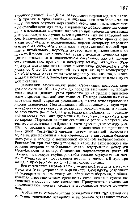 Семенники высаживают рано. Семенники капусты, моркови и лука за 10—15 дней до посадки выбирают из хранилищ и подращивают путем прикопки их на гряды с применением укрытия соломой или навозом. По мере повышения температуры слой укрытия уменьшают, чтобы этиолированные листья зазеленели. Подращивание обеспечивает лучшую приживаемость семенников и повышает урожай семян с каждого семенного растения. В центральных районах нечерноземной полосы семенники двулетних культур высаживают в конце апреля. Первыми сажают семенники репы и капусты, затем моркови, свеклы и брюквы, хотя промежуток между ранним и поздним высаживанием семенников не превышает 5—7 дней. Семенники свеклы перед посадкой разрезают вдоль на две половины и все корнеплоды с широкими белыми кольцами и вообще с нетипичной окраской выбраковывают. Расстояния при посадке указаны в табл. 12. При посадке наружная сторона и небольшая часть внутренней кочерыги заглубляются в почву. Семенники корнеплодных растений сажают на полную глубину, чтобы только верхушечная почка находилась на поверхности почвы, а маточный лук при посадке прикрывают на 1—1,5 см слоем почвы.