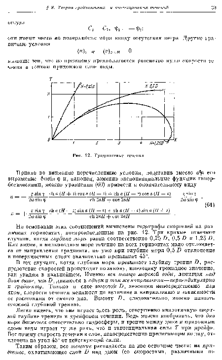 На основании этих соотношений вычислены годографы скоростей на различных горизонтах, воспроизведенные на рис. 12. Три кривые отвечают случаям, когда глубина моря равна соответственно 0,25 D, 0,5 D и 1,25 D. Как видим, в мелководном море течение на всех горизонтах мало отклоняется от направления градиента, но уже при глубине моря 0,5 D отклонение в поверхностных слоях значительно превышает 45°.