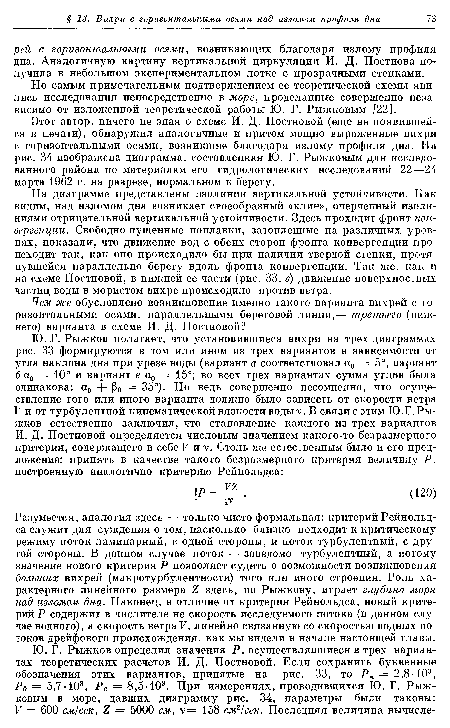 Этот автор, ничего не зная о схеме И. Д. Постновой (еще не появившейся в печати), обнаружил аналогичные и притом мощно выраженные вихри с горизонтальными осями, возникшие благодаря излому профиля дна. На рис. 34 изображена диаграмма, составленная Ю. Г. Рыжковым для исследованного района по материалам его гидрологических исследований 22—24 марта 1962 г. на разрезе, нормальном к берегу.