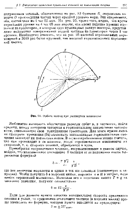 Любопытно вычислить абсолютные размеры орбит и, в частности, найти пределы, между которыми движутся в горизонтальном направлении частицы воды, описывающие свои причудливые траектории. Для этого нужно лишь из интеграла уравнения (84) вычислить максимальные горизонтальные смещения частиц от их положения покоя. В первом приближении можно считать, что они происходят в те моменты, когда горизонтальные компоненты их скоростей, т. е. скорости течений, обращаются в нуль.