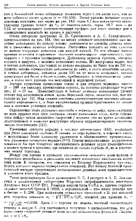 Уравнение третьего порядка в частных производных (142), возникшее при учете изменений глубины Н океана, должно привести, в конечном счете, к несравненно более сложному уравнению в обыкновенных производных, чем уравнение четвертого порядка (144). Совсем непреодолимые затруднения возникали бы при попытках аналитического решения задач применительно к волнам цунами в проливах, где меняется не только глубина Н, но и расстояние между берегами.