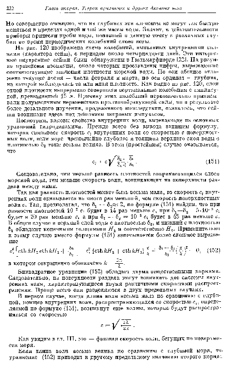 Следовательно, чем меньше разность плотностей соприкасающихся слоев морской воды, тем меньше скорость волн, возникающих на поверхности раздела между ними.