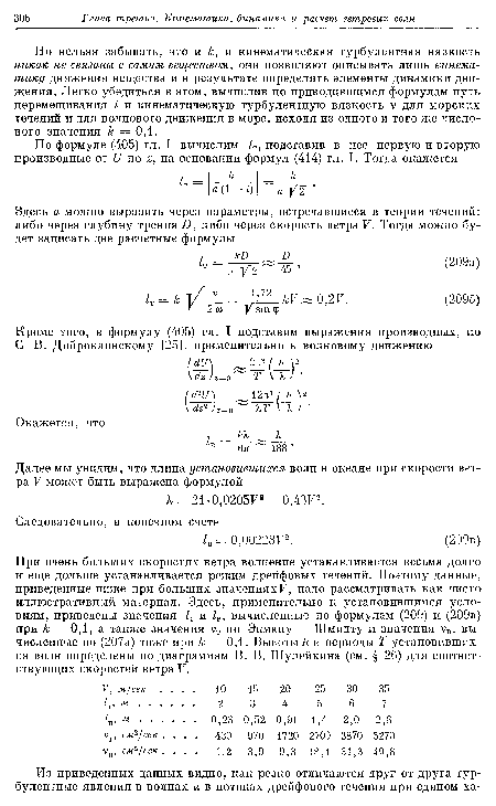 При очень больших скоростях ветра волнение устанавливается весьма долго и еще дольше устанавливается режим дрейфовых течений. Поэтому данные, приведенные ниже при больших значениях!7, надо рассматривать как чисто иллюстративный материал. Здесь, применительно к установившимся условиям, приведены значения /т и /в, вычисленные по формулам (209) и (209в) при к = 0,1, а также значения V? по Экману — Шмидту и значения VI , вычисленные по (207а) тоже при к = 0,1. Высоты к и периоды Т установившихся волн определены по диаграммам В. В. Шулейкина (см. § 26) для соответствующих скоростей ветра V.