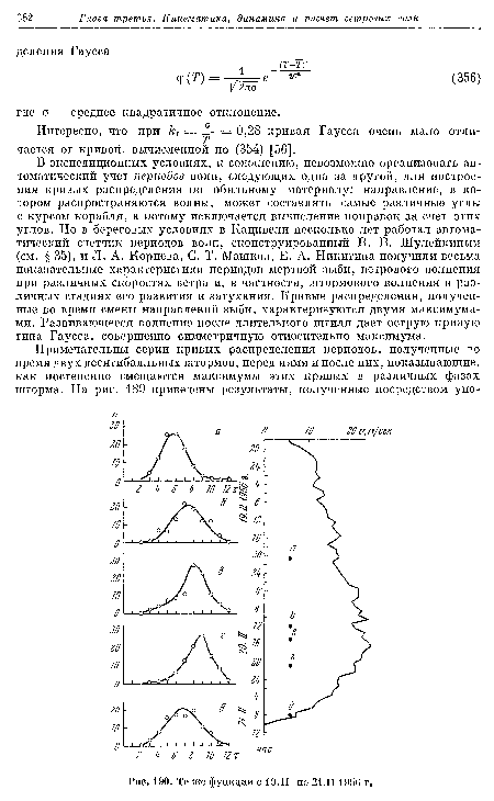 В экспедиционных условиях, к сожалению, невозможно организовать автоматический учет периодов волн, следующих одна за другой, для построения кривых распределения по обильному материалу: направление, в котором распространяются волны, может составлять самые различные углы с курсом корабля, а потому исключается вычисление поправок за счет этих углов. Но в береговых условиях в Кацивели несколько лет работал автоматический счетчик периодов волн, сконструированный В. В. Шулейкиным (см. § 35), и Л. А. Корнева, С. Т. Машков, Е. А. Никитина получили весьма показательные характеристики периодов мертвой зыби, ветрового волнения при различных скоростях ветра и, в частности, штормового волнения в различных стадиях его развития и затухания. Кривые распределения, полученные во время смены направлений зыби, характеризуются двумя максимумами. Развивающееся волнение после длительного штиля дает острую кривую типа Гаусса, совершенно симметричную относительно максимума.