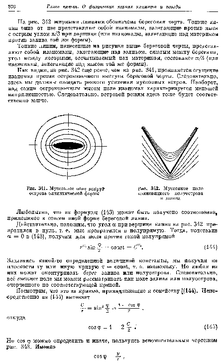 На рис. 342 жирными линиями обозначена береговая черта. Тонкие линии вниз от нее представляют собой изаномалы, залегающие против мыса с острым углом я/3 при вершине (или изаномалы, залегающие над материком против залива той же формы).