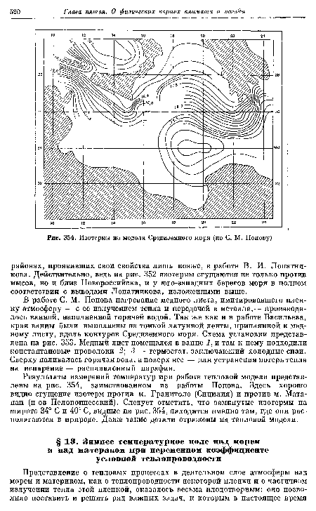 Изотермы на модели Средиземного моря (по С. М. Попову)