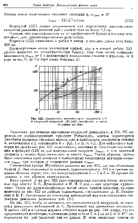 Зависимость максимальных скоростей (А) и скоростей миграции (В) рыб, дельфинов и китов