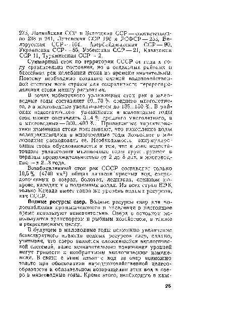 Суммарный сток по территории СССР от года к году сравнительно постоянен, но в отдельных районах и бассейнах рек колебания стока во времени значительны. Поэтому необходимо создание единой водохозяйственной системы всей страны для оперативного перераспределения стока между регионами.