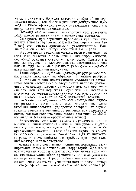 В то же время несколько уменьшается максимальный сток из-за создания в зоне аэрации некоторой емкости, способной вместить осадки и талые воды. Однако эти водные ресурсы не следует считать потерянными, так как они идут на транспирацию и участвуют в создании сельскохозяйственной продукции.